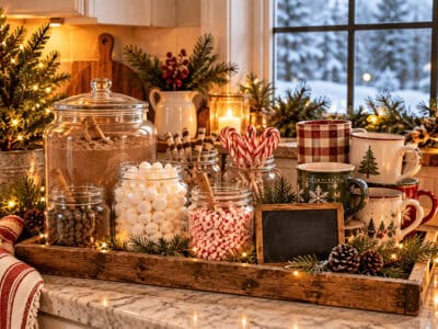 Festive hot cocoa bar with mugs, marshmallows, and holiday decorations.