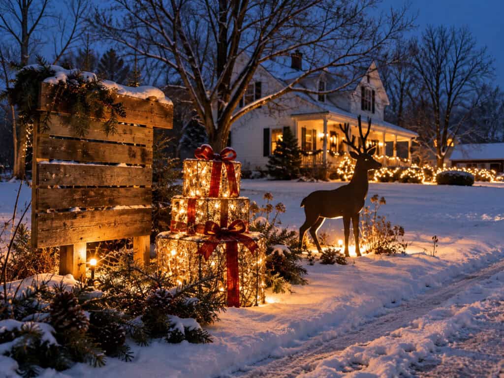 30 Cheap DIY Christmas Decorations That Look Like a Million Bucks 7 Festive holiday scene with decorated house, reindeer, and wrapped gifts in snow.
