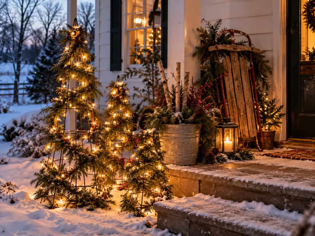 30 Cheap DIY Christmas Decorations That Look Like a Million Bucks 6 Festive outdoor Christmas decorations with lit trees and rustic accents.