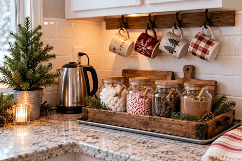 Hot Cocoa Bar Ideas: How to Set Up a Cozy Christmas Cocoa Station on a Budget. 3 Festive hot cocoa bar with mugs, jars of toppings, and holiday decor.
