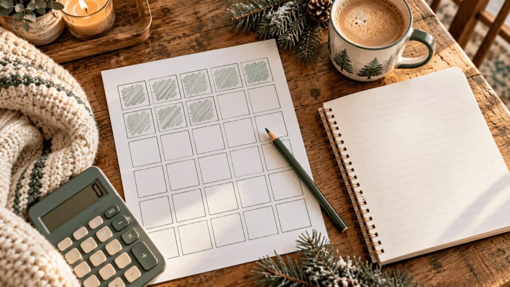 15 Savings Challenges for Every Budget (Even on a Low Income) 1 Calendar-like savings grid with notebook and coffee on wooden table.