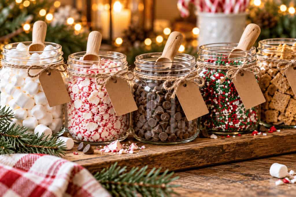 Hot Cocoa Bar Ideas: How to Set Up a Cozy Christmas Cocoa Station on a Budget. 6 Assorted hot cocoa toppings in glass jars for Christmas.