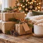 8 Wrapped Christmas gifts with pinecones and cinnamon sticks on a rustic table.
