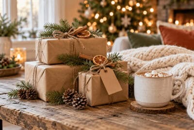Wrapped Christmas gifts with pinecones and cinnamon sticks on a rustic table.
