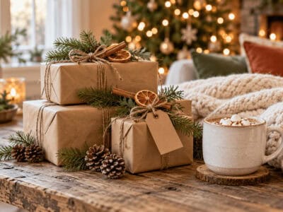 Wrapped Christmas gifts with pinecones and cinnamon sticks on a rustic table.