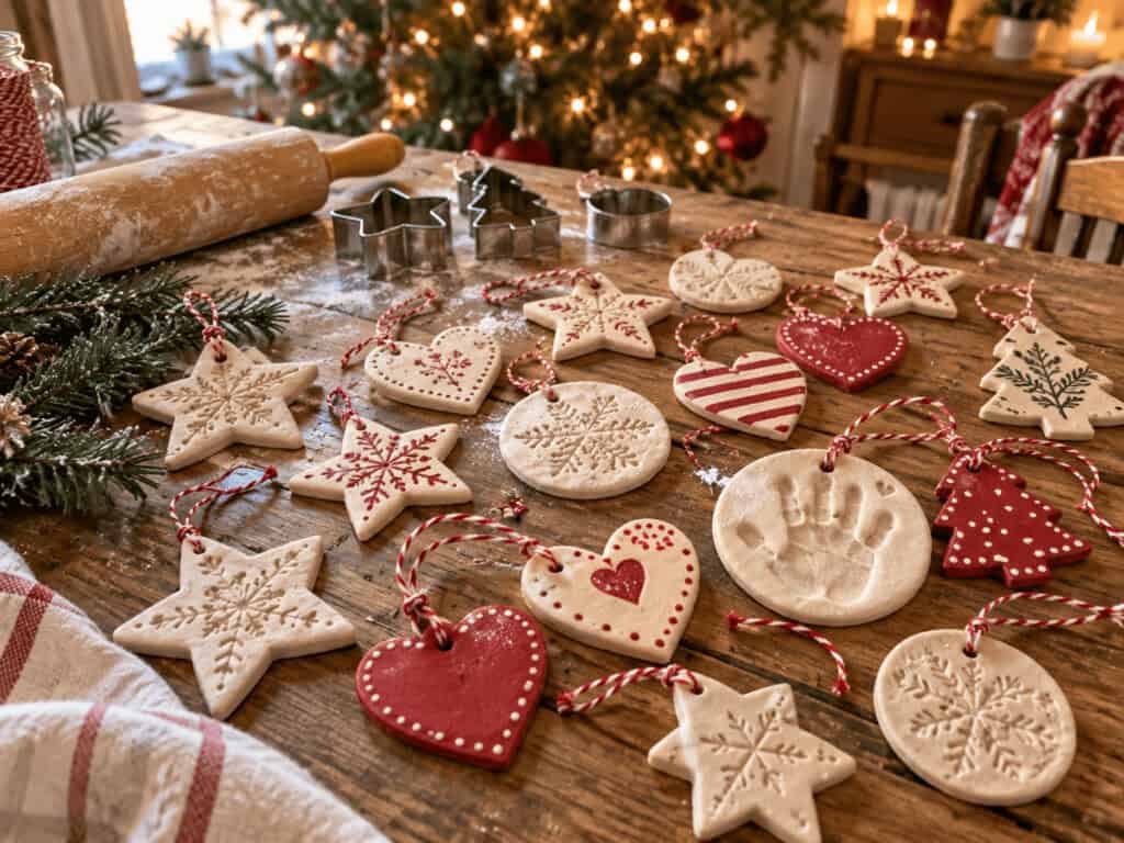 Salt Dough Ornaments: Easy 3-Ingredient Recipe (That Won't Puff Up) 11 Handmade salt dough Christmas ornaments on a wooden table.
