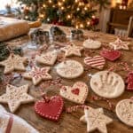 7 Handmade salt dough Christmas ornaments on a wooden table.