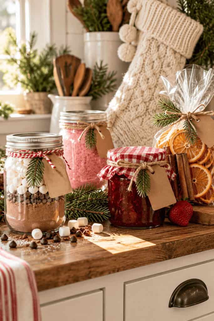 50 Stocking Stuffers for Adults They'll Actually Use 1 Festive jars with homemade treats and holiday decor for Christmas.