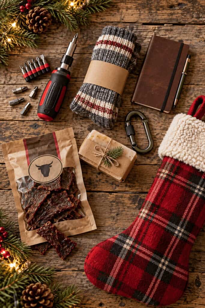 50 Stocking Stuffers for Adults They'll Actually Use 2 Christmas stocking with gifts, tools, and snacks for adults.