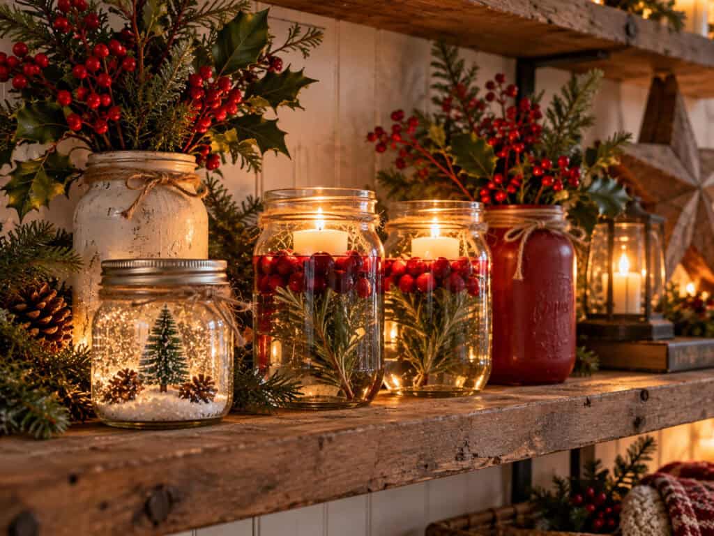 30 Cheap DIY Christmas Decorations That Look Like a Million Bucks 10 Decorative candles in jars with holly and berries for Christmas decor.