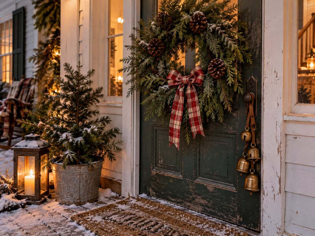 30 Cheap DIY Christmas Decorations That Look Like a Million Bucks 8 Christmas wreath with pinecones and plaid bow on front door.
