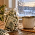 7 Jar filled with cash and a mug on a rustic windowsill in cozy home setting.