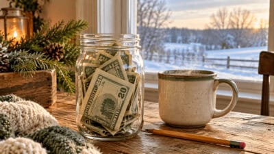 Jar filled with cash and a mug on a rustic windowsill in cozy home setting.