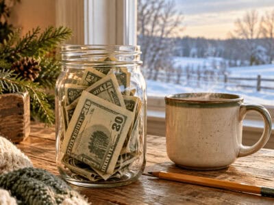 Jar filled with cash and a mug on a rustic windowsill in cozy home setting.